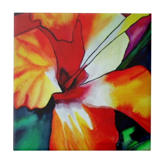 Orange Hibiscus tropical flower watercolor art Tile (Front)