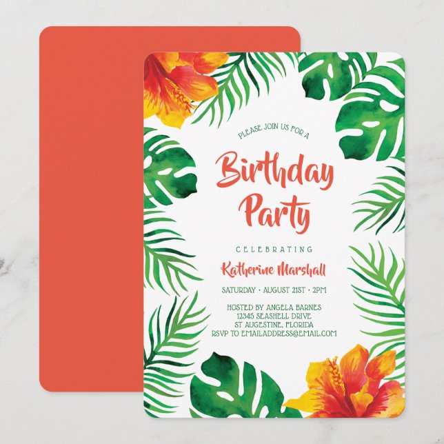 Orange Hibiscus Tropical Leaves Birthday Party Invitation (Front/Back)