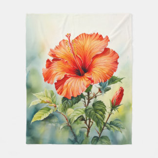 Orange Hibiscus Watercolor Floral Fleece Blanket