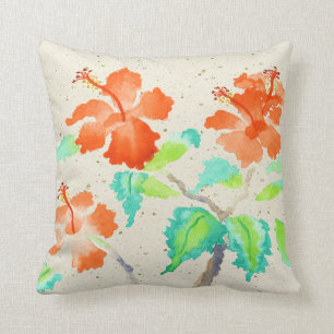 Orange Hibiscus Watercolor Painting Beige Washi Throw Pillow