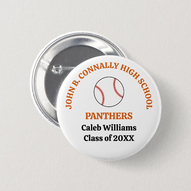 Orange High School Baseball Player Personalized 2 Inch Round Button (Front & Back)