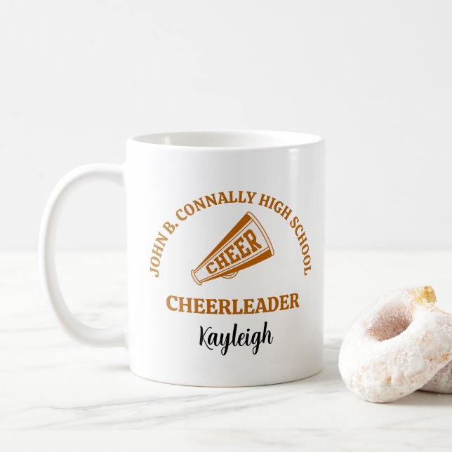 Orange High School Cheerleader Personalized Coffee Mug (With Donut)