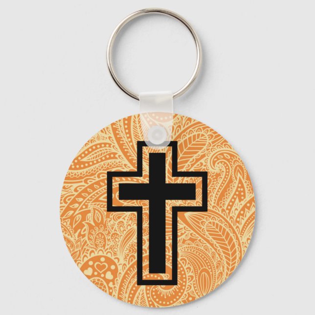 Orange Holy Christian Cross Wooden Keychain (Front)