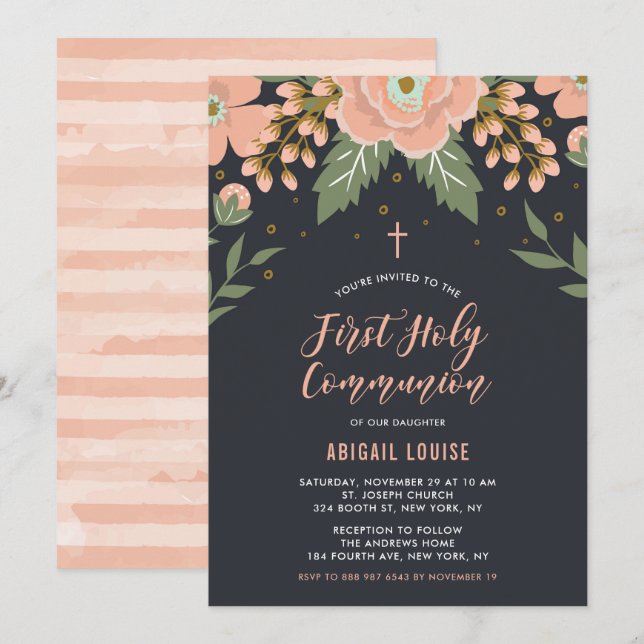 Orange Honey Blooms Floral First Holy Communion Invitation (Front/Back)