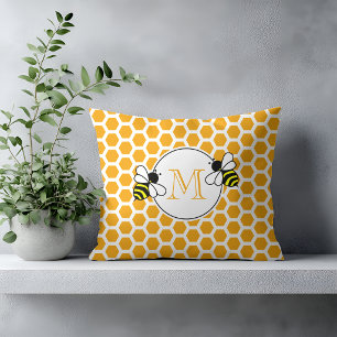 Orange Honeycomb and Bees Pattern Monogrammed Throw Pillow