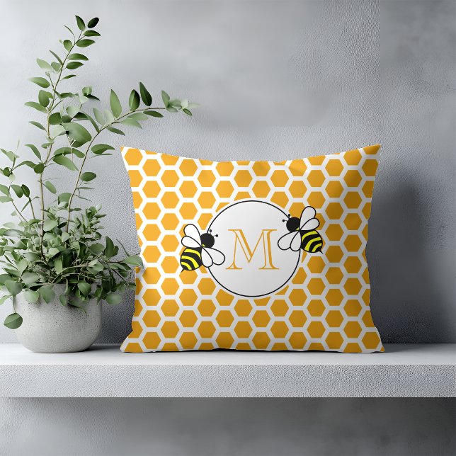 Orange Honeycomb and Bees Pattern Monogrammed Throw Pillow (Creator Uploaded)