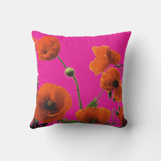 Orange Hot Pink Floral Poppy Flowers Art Abstract Outdoor Pillow