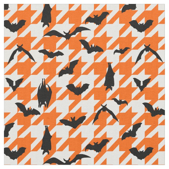 orange houndstooth halloween black bats  fabric (Close Up)