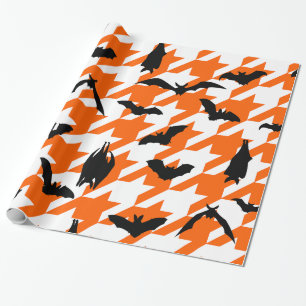 orange houndstooth halloween black bats wrapping paper