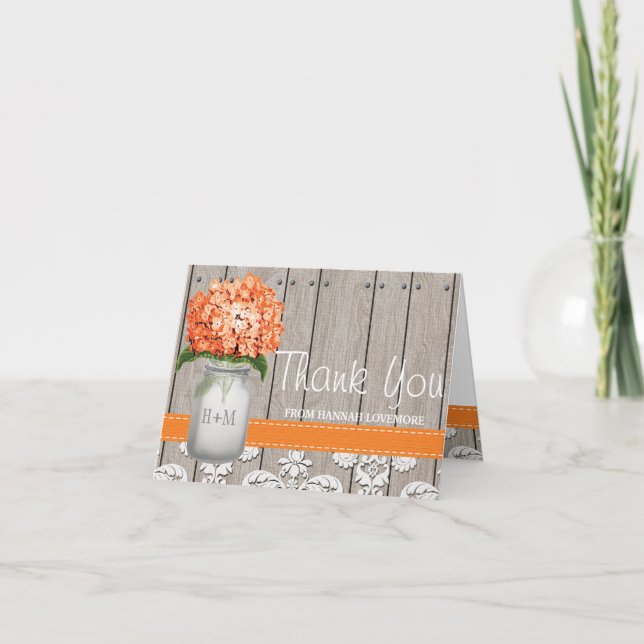 Orange Hydrangea Monogram Mason Jar THANK YOU (Front)