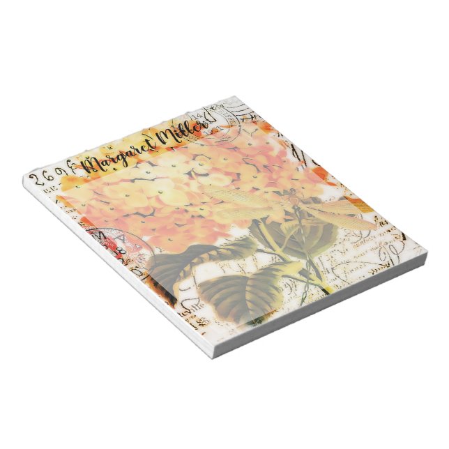 Orange hydrangea personalized notepad (Angled)