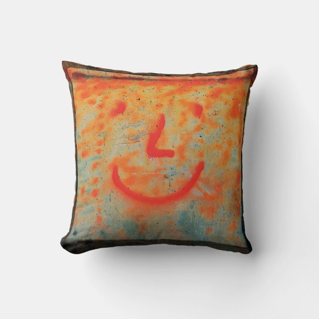 Orange Industrial Happy Face Construction Worker Throw Pillow (Front)