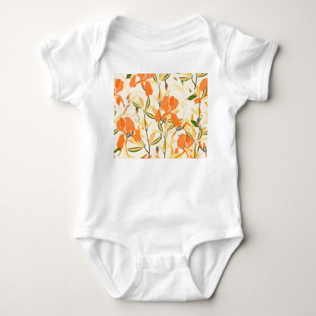 Orange irises: seamless floral pattern baby bodysuit (Front)