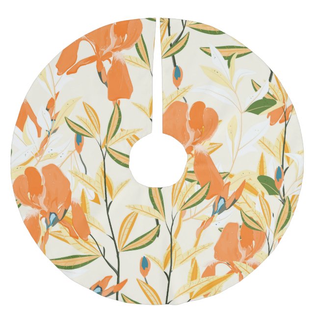 Orange irises: seamless floral pattern brushed polyester tree skirt (Front)