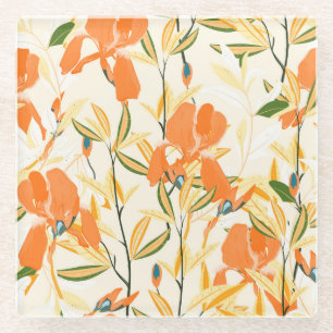 Orange irises: seamless floral pattern glass coaster