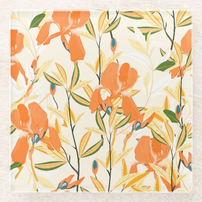Orange irises: seamless floral pattern glass coaster (Front)
