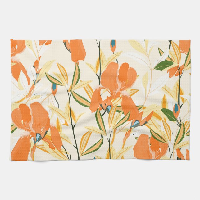 Orange irises: seamless floral pattern kitchen towel (Horizontal)