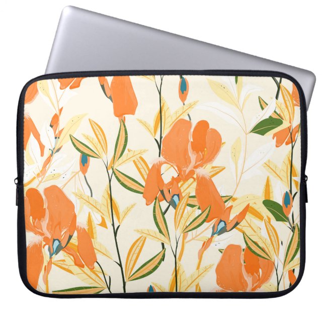 Orange irises: seamless floral pattern laptop sleeve (Front)