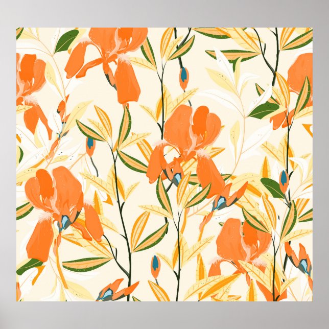 Orange irises: seamless floral pattern poster (Front)