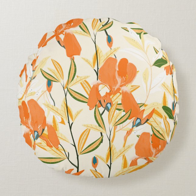 Orange irises: seamless floral pattern round pillow (Front)