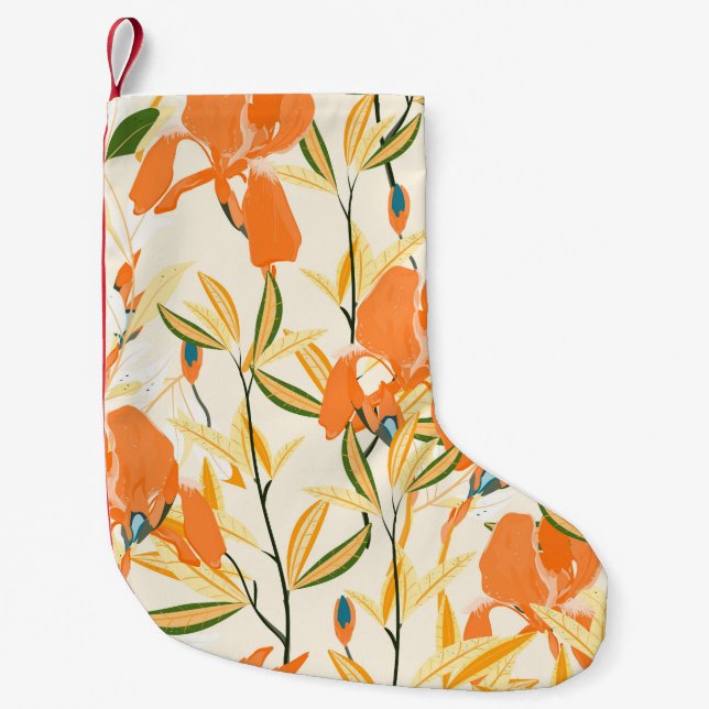 Orange irises: seamless floral pattern small christmas stocking (Front)