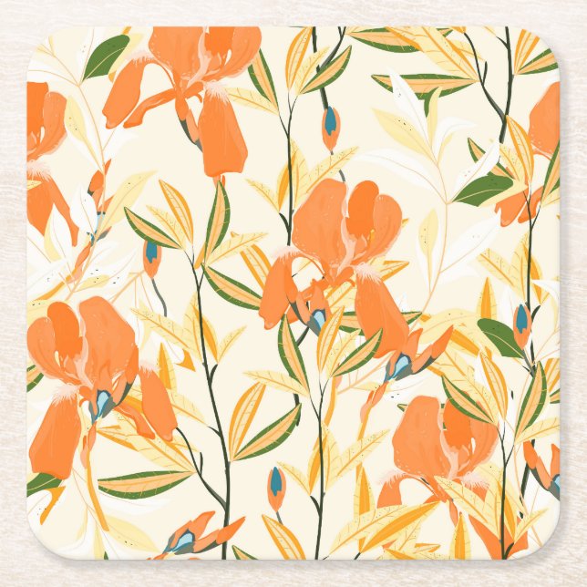 Orange irises: seamless floral pattern square paper coaster (Front)
