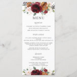 Orange Ivory Burgundy Floral Wedding Menu<br><div class="desc">Designed to co-ordinate with our Rustic Blooms wedding collection, this elegant wedding menu features a beautiful watercolor burgundy, burnt orange, blush, ivory white roses, hydrangeas, stocks and greenery arrangement. Personalize it with your wedding details easily and quickly, simply press the customise it button to further re-arrange and format the style...</div>