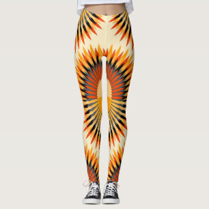 Orange Ivory Flowers Stars Pattern Leggings