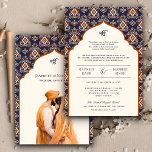 Orange Ivory Ikat Punjabi Anand Karaj Sikh Wedding Invitation<br><div class="desc">Amaze your guests with this traditional Sikh wedding invite featuring an elegant illustration of a Punjabi couple with modern typography on beautiful Indian pattern background with arch. Simply add your event details on this easy-to-use template to make it a one-of-a-kind invitation.</div>