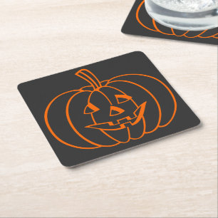 Orange Jack-O-Lantern Pumpkin Outline on Black Square Paper Coaster