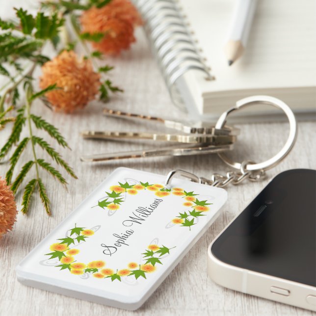 Orange Japanese flowers white Keychain (Front Right)