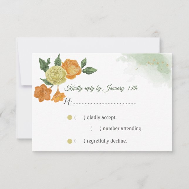 orangé jaune fleurs vert carte réponse rsvp (Devant)