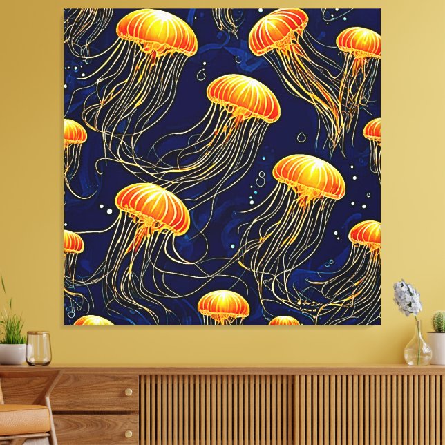 Orange Jellyfish Pattern Art Canvas Print (Insitu(LivingRoom))