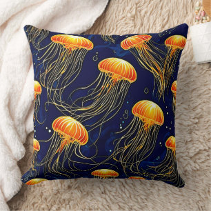 Orange Jellyfish Pattern Art Throw Pillow