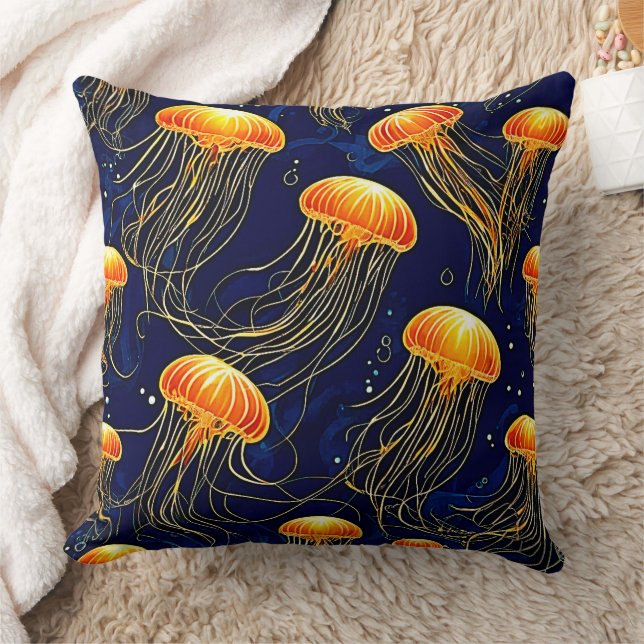 Orange Jellyfish Pattern Art Throw Pillow (Blanket)