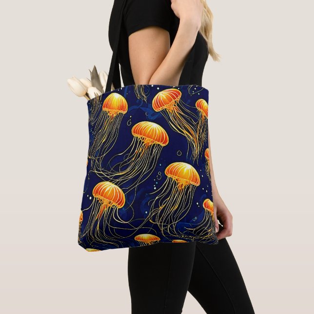 Orange Jellyfish Pattern Art Tote Bag (Close Up)