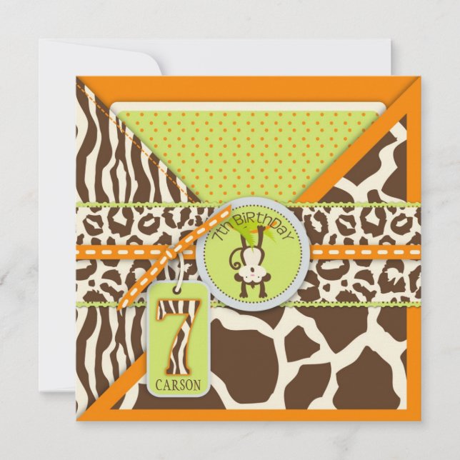 Orange Jungle Monkey Seventh Birthday Invitation (Front)