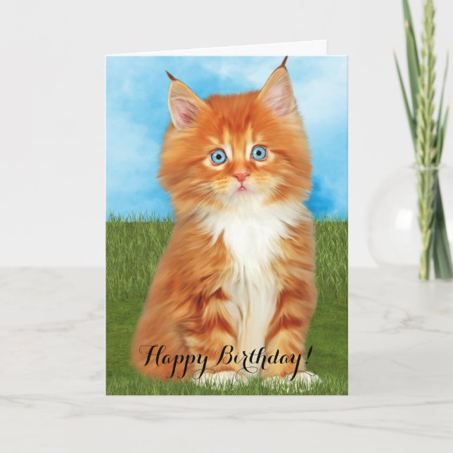 Orange Kitten Blue Eyes Birthday Card (Front)