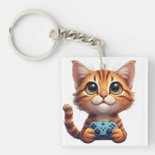 Orange Kitten Holding Game Controller Gamer Cat Keychain
