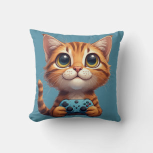 Orange Kitten Holding Game Controller Gamer Cat Throw Pillow
