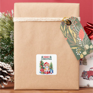 Orange Kitten In Santa Hat Merry Christmas Square Sticker
