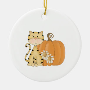 Orange Kitty w/ Pumpkin Ceramic Ornament