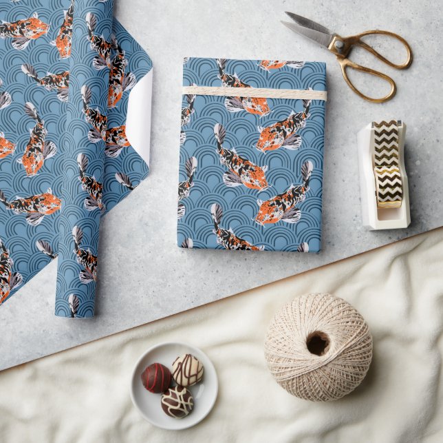 Orange Koi Fish on Blue Waves Patterned Wrapping Paper (Crafts)