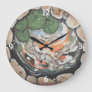 Orange Koi Fish Pond Insect Lily Pad Stone Large Clock
