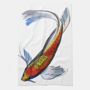 Orange Koi Japanese watercolour carp art Kitchen Towel