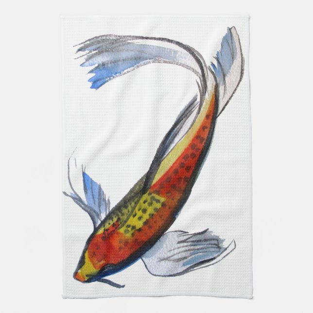 Orange Koi Japanese watercolour carp art Kitchen Towel (Vertical)