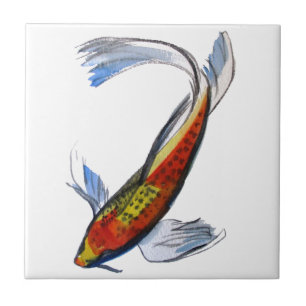 Orange Koi Japanese watercolour carp art Tile