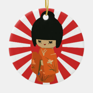 Orange Kokeshi customizable text Pendant Ornament
