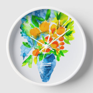 Orange kumquat fruit art watercolor clock