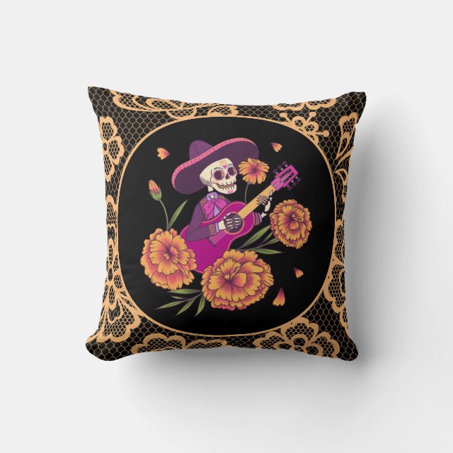 Orange Lace & Floral Sugar Skeleton Skull Gothic Throw Pillow (Front)